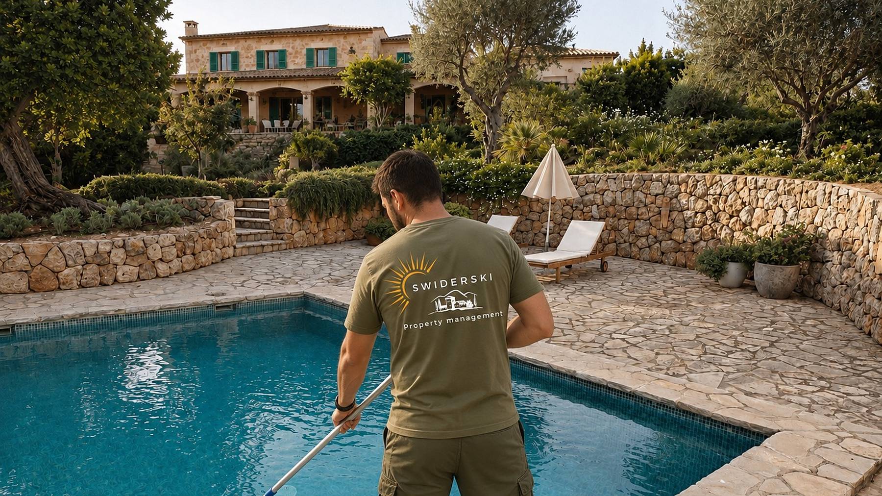 Mitarbeiter reinigt den Pool einer Villa auf Mallorca