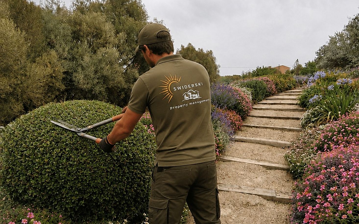 Mitarbeiter beim Heckenschnitt an einem bepflanzten Gartenweg