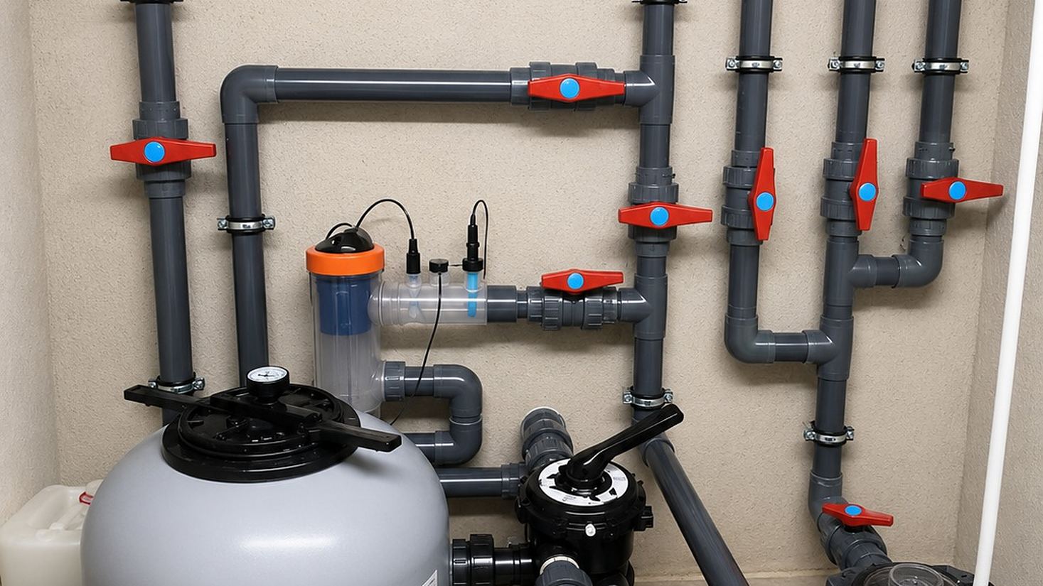 Technikraum mit Pumpen, Filter und Ventilen einer Poolanlage